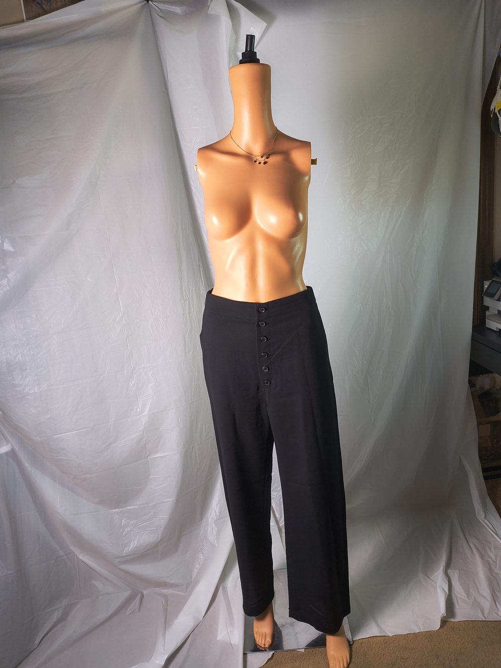 Zara Black High Waisted Button Front Wide Leg Pants Women's L Elastic Back